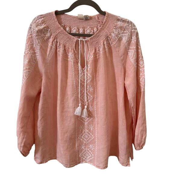 Joie 100% Linen Embroidered Floral Peasant Boho Blouse Pink White Size Large - Picture 1 of 8